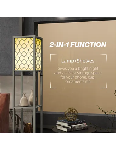 HOMCOM Floor Lamp with Shelves, Dual Light, Modern Tall Standing Lamps, with Pull Chain Switch (Bulb not Included), Light Grey