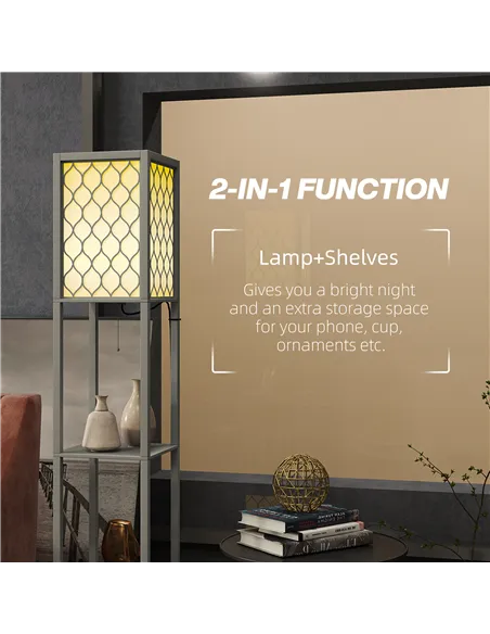 HOMCOM Floor Lamp with Shelves, Dual Light, Modern Tall Standing Lamps, with Pull Chain Switch (Bulb not Included), Light Grey