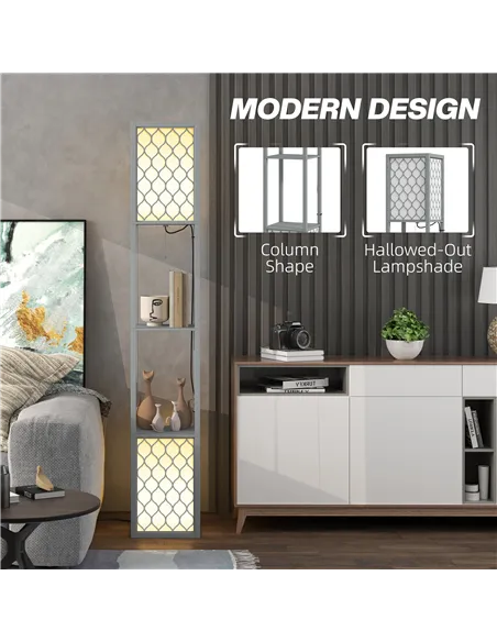 HOMCOM Floor Lamp with Shelves, Dual Light, Modern Tall Standing Lamps, with Pull Chain Switch (Bulb not Included), Light Grey