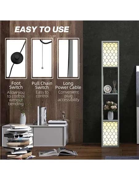 HOMCOM Floor Lamp with Shelves, Dual Light, Modern Tall Standing Lamps, with Pull Chain Switch (Bulb not Included), Light Grey