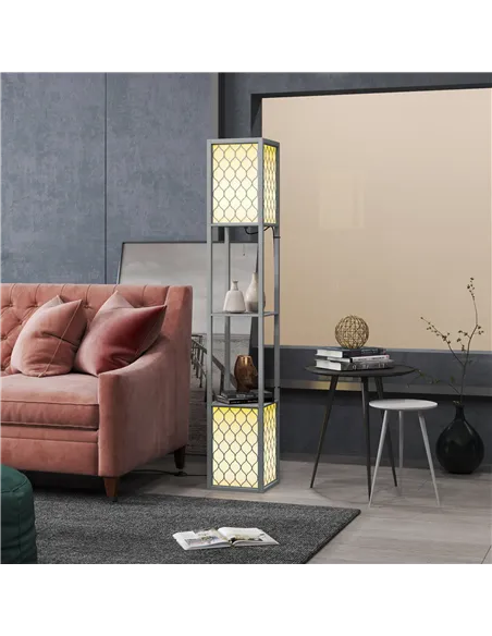 HOMCOM Floor Lamp with Shelves, Dual Light, Modern Tall Standing Lamps, with Pull Chain Switch (Bulb not Included), Light Grey