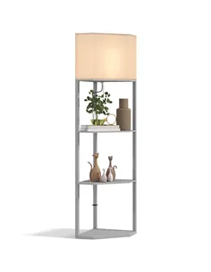 HOMCOM Corner Floor Lamp with Shelves, Tall Standing Lamps for Living Room, with Pull Chain Switch Bulb not Included, Grey