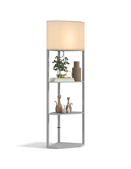 HOMCOM Corner Floor Lamp with Shelves, Tall Standing Lamps for Living Room, with Pull Chain Switch Bulb not Included, Grey