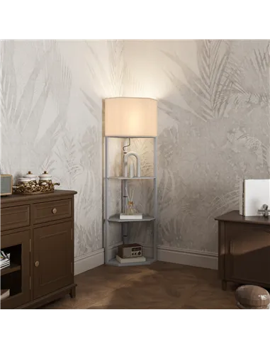 HOMCOM Corner Floor Lamp with Shelves, Tall Standing Lamps for Living Room, with Pull Chain Switch Bulb not Included, Grey