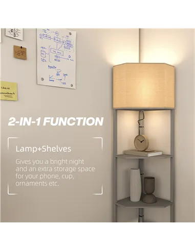 HOMCOM Corner Floor Lamp with Shelves, Tall Standing Lamps for Living Room, with Pull Chain Switch Bulb not Included, Grey