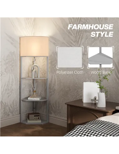 HOMCOM Corner Floor Lamp with Shelves, Tall Standing Lamps for Living Room, with Pull Chain Switch Bulb not Included, Grey