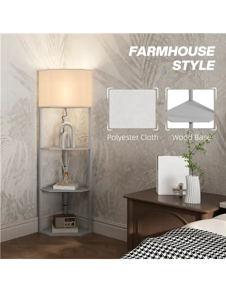 HOMCOM Corner Floor Lamp with Shelves, Tall Standing Lamps for Living Room, with Pull Chain Switch Bulb not Included, Grey