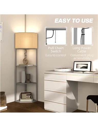 HOMCOM Corner Floor Lamp with Shelves, Tall Standing Lamps for Living Room, with Pull Chain Switch Bulb not Included, Grey