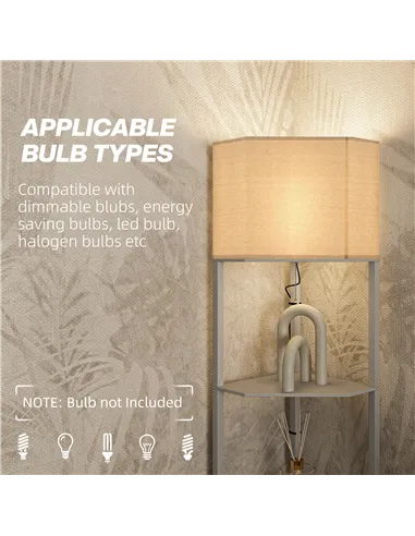 HOMCOM Corner Floor Lamp with Shelves, Tall Standing Lamps for Living Room, with Pull Chain Switch Bulb not Included, Grey