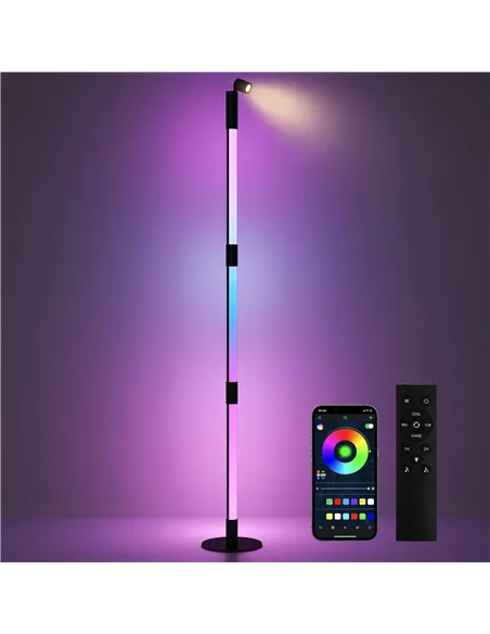 HOMCOM LED Floor Lamp with Reading Light, 360° RGB Detachable Corner Floor Lamp with App & Remote Control, Standing Lamp with Mu