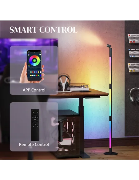 HOMCOM LED Floor Lamp with Reading Light, 360° RGB Detachable Corner Floor Lamp with App & Remote Control, Standing Lamp with Mu