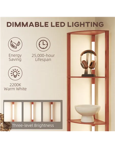 HOMCOM Corner Floor Lamp for Living Room Bedroom with Dimmable Warm White LED Light, Modern Tall Standing Lamp, Brown