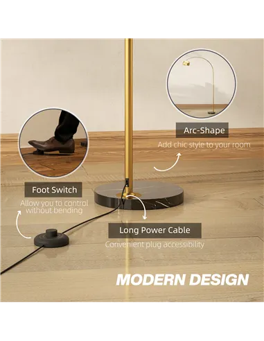 HOMCOM 180cm Arc Floor Lamp for Living Room, Modern Adjustable Standing Lamp with Foot Switch, Faux Black Marble Base and Bell S