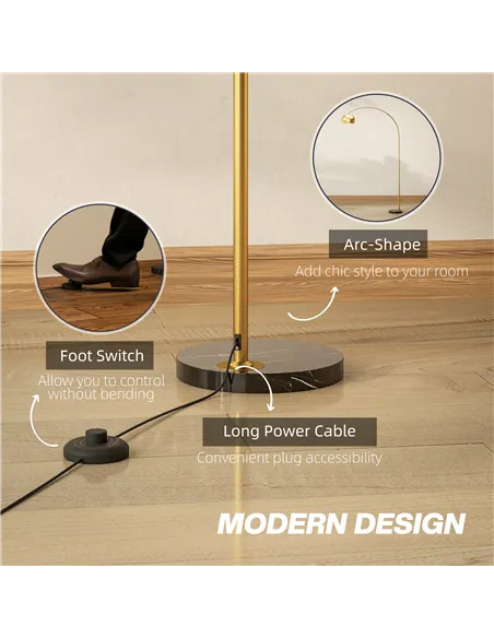 HOMCOM 180cm Arc Floor Lamp for Living Room, Modern Adjustable Standing Lamp with Foot Switch, Faux Black Marble Base and Bell S