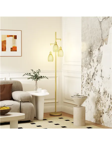 HOMCOM 3-Light Floor Lamp, 170cm Industrial Dimmable Standing Lamp with Steel Wire Cage Lampshades for Living Room, Bedroom, Din