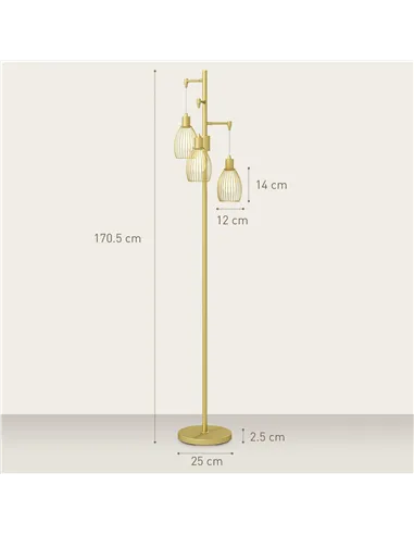 HOMCOM 3-Light Floor Lamp, 170cm Industrial Dimmable Standing Lamp with Steel Wire Cage Lampshades for Living Room, Bedroom, Din