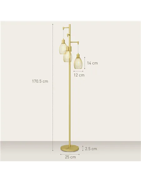 HOMCOM 3-Light Floor Lamp, 170cm Industrial Dimmable Standing Lamp with Steel Wire Cage Lampshades for Living Room, Bedroom, Din
