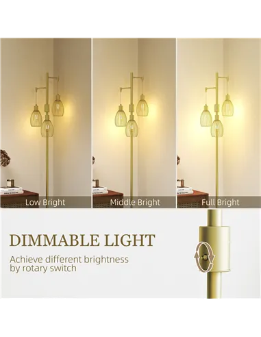HOMCOM 3-Light Floor Lamp, 170cm Industrial Dimmable Standing Lamp with Steel Wire Cage Lampshades for Living Room, Bedroom, Din