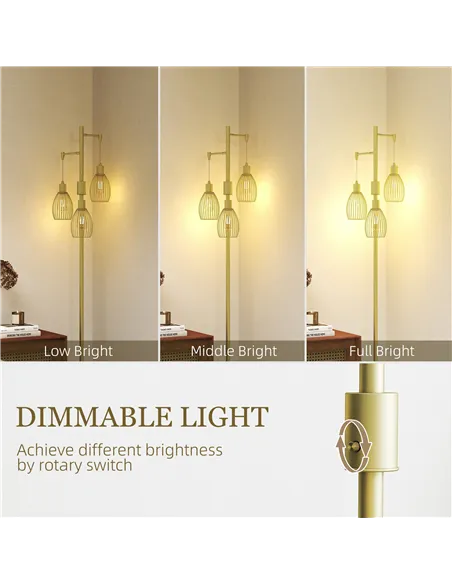 HOMCOM 3-Light Floor Lamp, 170cm Industrial Dimmable Standing Lamp with Steel Wire Cage Lampshades for Living Room, Bedroom, Din