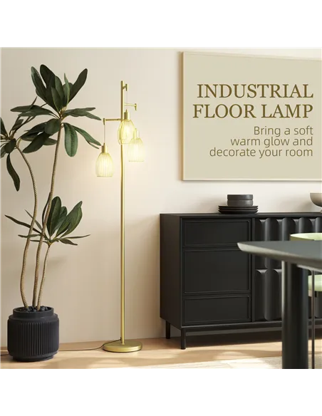 HOMCOM 3-Light Floor Lamp, 170cm Industrial Dimmable Standing Lamp with Steel Wire Cage Lampshades for Living Room, Bedroom, Din