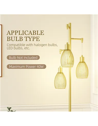 HOMCOM 3-Light Floor Lamp, 170cm Industrial Dimmable Standing Lamp with Steel Wire Cage Lampshades for Living Room, Bedroom, Din