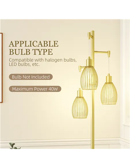 HOMCOM 3-Light Floor Lamp, 170cm Industrial Dimmable Standing Lamp with Steel Wire Cage Lampshades for Living Room, Bedroom, Din