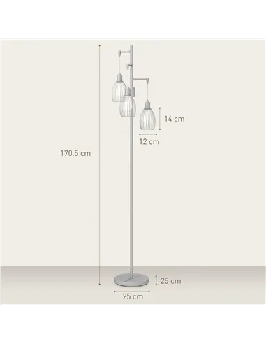 HOMCOM 3-Light Floor Lamp, 170cm Industrial Dimmable Standing Lamp with Steel Wire Cage Lampshades for Living Room, Bedroom, Din