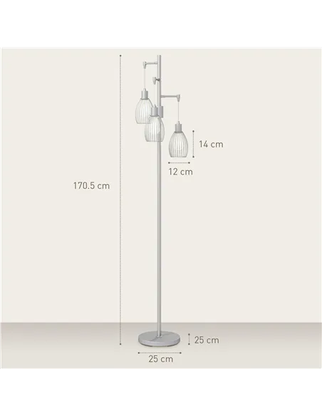 HOMCOM 3-Light Floor Lamp, 170cm Industrial Dimmable Standing Lamp with Steel Wire Cage Lampshades for Living Room, Bedroom, Din