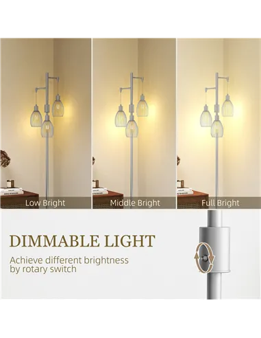 HOMCOM 3-Light Floor Lamp, 170cm Industrial Dimmable Standing Lamp with Steel Wire Cage Lampshades for Living Room, Bedroom, Din