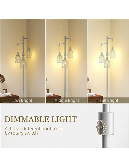 HOMCOM 3-Light Floor Lamp, 170cm Industrial Dimmable Standing Lamp with Steel Wire Cage Lampshades for Living Room, Bedroom, Din