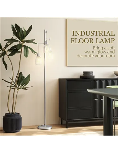 HOMCOM 3-Light Floor Lamp, 170cm Industrial Dimmable Standing Lamp with Steel Wire Cage Lampshades for Living Room, Bedroom, Din