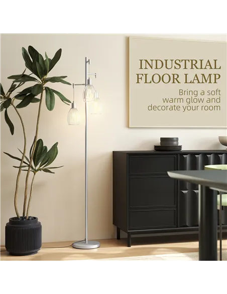 HOMCOM 3-Light Floor Lamp, 170cm Industrial Dimmable Standing Lamp with Steel Wire Cage Lampshades for Living Room, Bedroom, Din