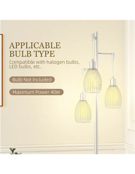 HOMCOM 3-Light Floor Lamp, 170cm Industrial Dimmable Standing Lamp with Steel Wire Cage Lampshades for Living Room, Bedroom, Din