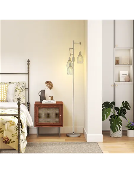 HOMCOM 3-Light Floor Lamp, 170cm Industrial Dimmable Standing Lamp with Steel Wire Cage Lampshades for Living Room, Bedroom, Din