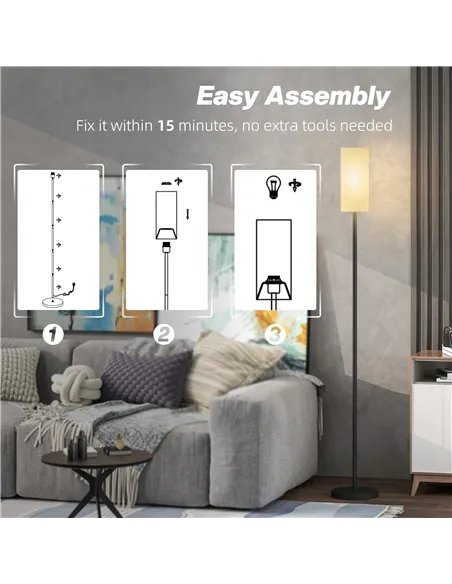 HOMCOM Floor Lamp for Living Room, Modern Standing Lamp with Linen Shade & Foot Switch, Minimalist Tall Pole Lampshade for Bedro