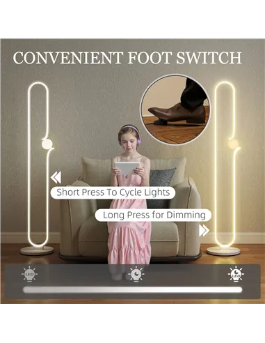 HOMCOM LED Floor Lamp, Dimmable Floor Standing Lamp with Glass Night Light, Foot Switch for Living Room, Bedroom, Office, White