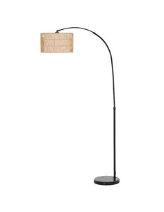 HOMCOM Rattan Floor Lamp for Living Room, Farmhouse Arc Standing Lamp with Dual-Layer Shade & Foot Switch, Height Adjustable Min