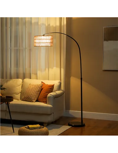 HOMCOM Rattan Floor Lamp for Living Room, Farmhouse Arc Standing Lamp with Dual-Layer Shade & Foot Switch, Height Adjustable Min