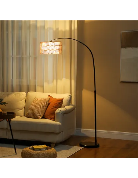 HOMCOM Rattan Floor Lamp for Living Room, Farmhouse Arc Standing Lamp with Dual-Layer Shade & Foot Switch, Height Adjustable Min