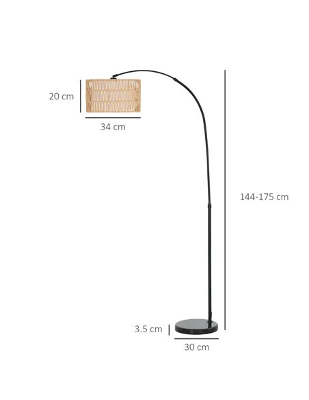HOMCOM Rattan Floor Lamp for Living Room, Farmhouse Arc Standing Lamp with Dual-Layer Shade & Foot Switch, Height Adjustable Min