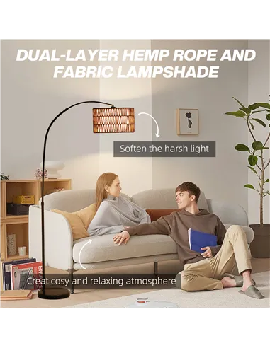 HOMCOM Rattan Floor Lamp for Living Room, Farmhouse Arc Standing Lamp with Dual-Layer Shade & Foot Switch, Height Adjustable Min