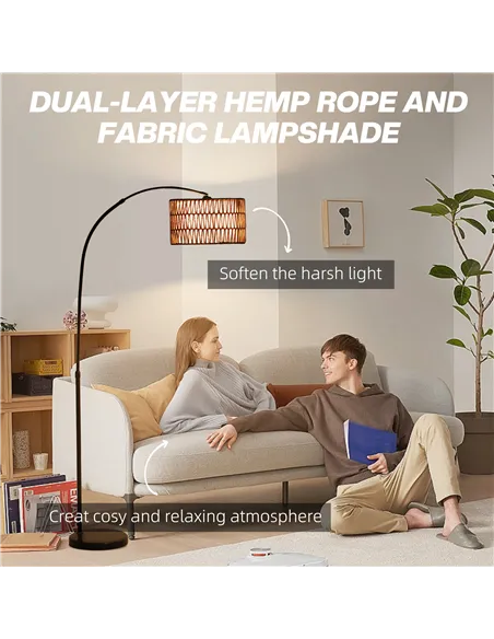 HOMCOM Rattan Floor Lamp for Living Room, Farmhouse Arc Standing Lamp with Dual-Layer Shade & Foot Switch, Height Adjustable Min