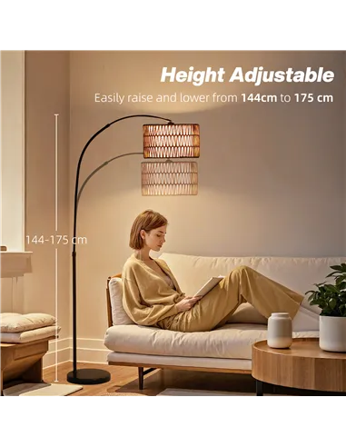 HOMCOM Rattan Floor Lamp for Living Room, Farmhouse Arc Standing Lamp with Dual-Layer Shade & Foot Switch, Height Adjustable Min