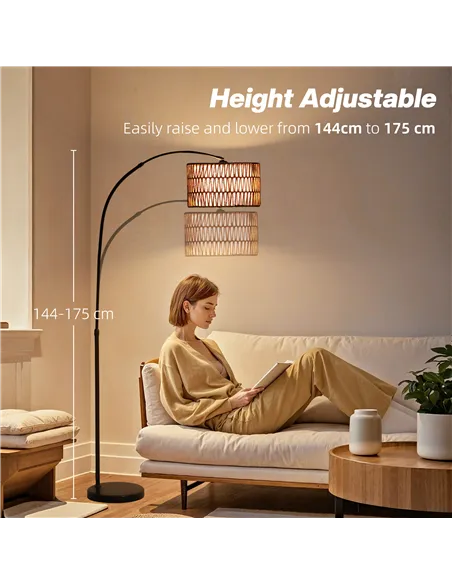 HOMCOM Rattan Floor Lamp for Living Room, Farmhouse Arc Standing Lamp with Dual-Layer Shade & Foot Switch, Height Adjustable Min
