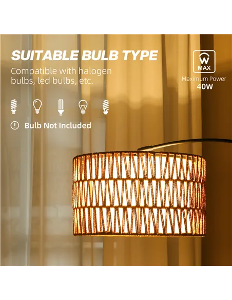 HOMCOM Rattan Floor Lamp for Living Room, Farmhouse Arc Standing Lamp with Dual-Layer Shade & Foot Switch, Height Adjustable Min