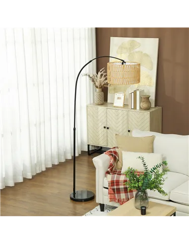 HOMCOM Rattan Floor Lamp for Living Room, Farmhouse Arc Standing Lamp with Dual-Layer Shade & Foot Switch, Height Adjustable Min