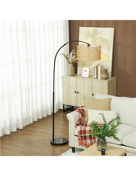 HOMCOM Rattan Floor Lamp for Living Room, Farmhouse Arc Standing Lamp with Dual-Layer Shade & Foot Switch, Height Adjustable Min