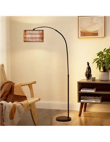 HOMCOM Rattan Floor Lamp for Living Room, Farmhouse Arc Standing Lamp with Dual-Layer Shade & Foot Switch, Height Adjustable Min