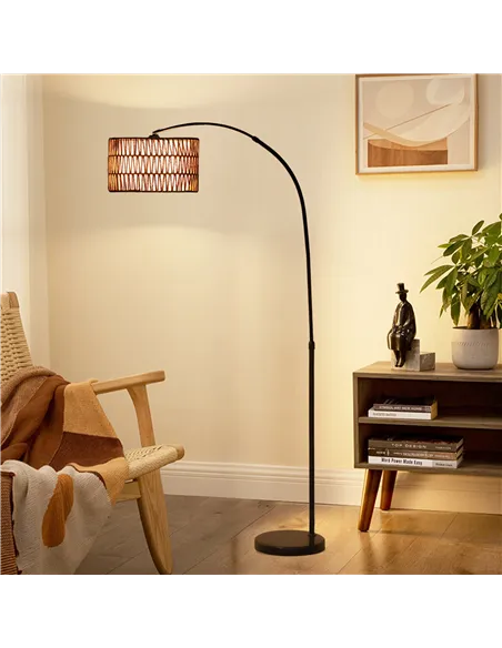HOMCOM Rattan Floor Lamp for Living Room, Farmhouse Arc Standing Lamp with Dual-Layer Shade & Foot Switch, Height Adjustable Min