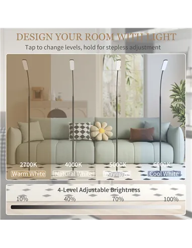 HOMCOM LED Floor Lamp, Standing Lamp with Remote & Touch Control, Stepless Dimmable Colours Temperature & Brightness, 360° Adjus